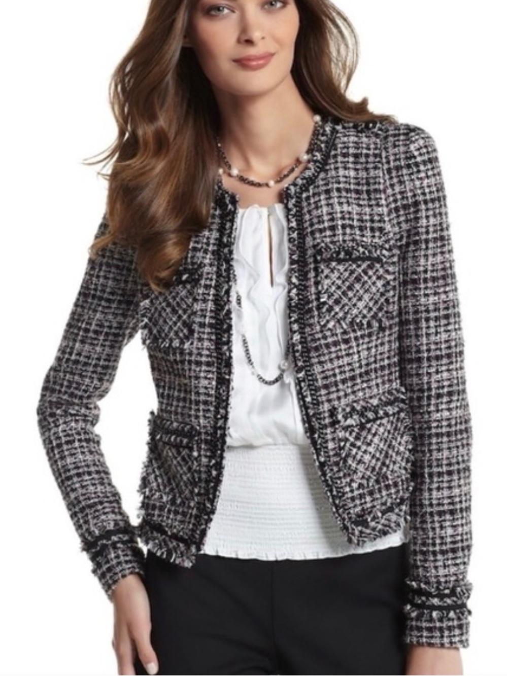 White House Black Market Black & White Tweed Fringe Blazer Jacket